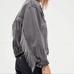 Free People Comet Rhinestone Fringe Bomber Jacket Black